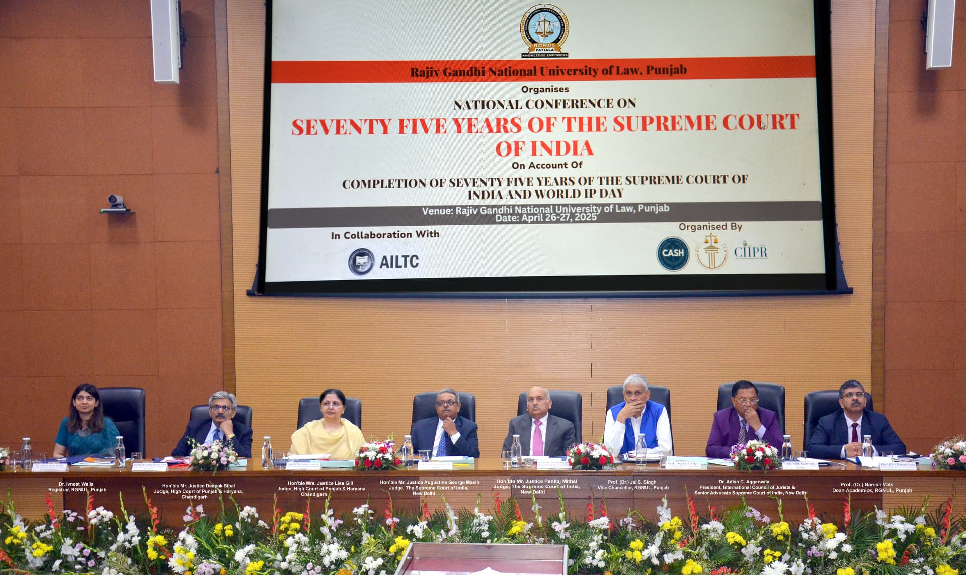 Dignitaries on the dais at the Two-Day Seminar on 75 Years of the Supreme Court of India at RGNUL, Punjab